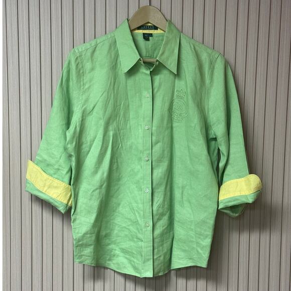 Lauren Ralph Lauren 100% Linen Logo Button Down Shirt Lime Green Women’s Size L - Picture 1 of 11